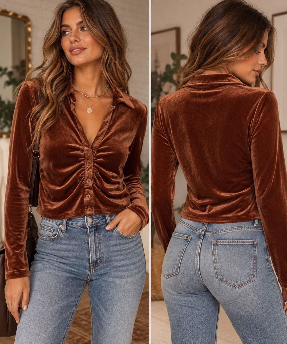 Mixed Brands Velvet Ruched Button Front Y2K Top Size Large